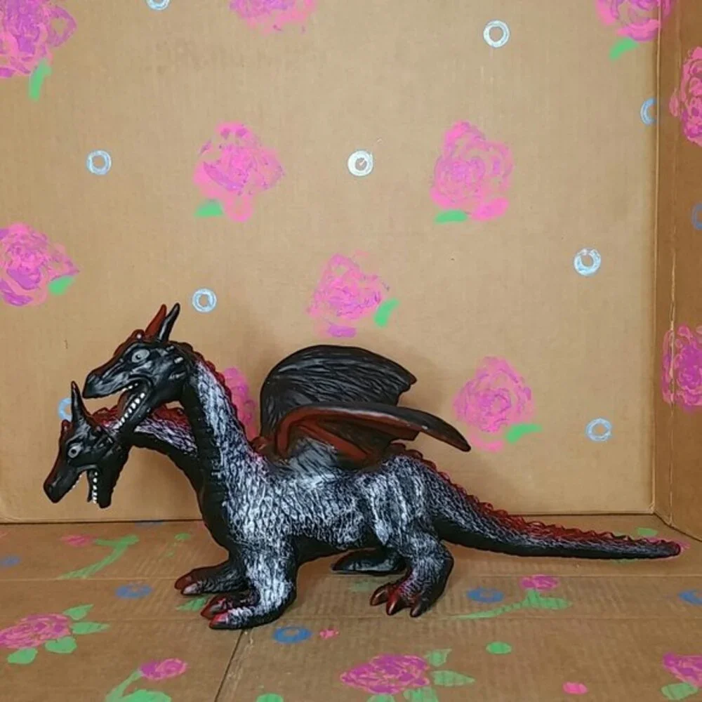Red and Black Two-Headed Rubber Dragon Toy Figure